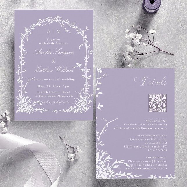 Invitation All in One Botanical Arch Garden Wedding Lavender (Front & Back)