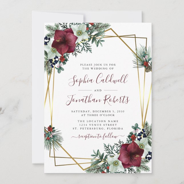 Invitation All in One Burgundy Amaryllis Pine Mariage or (Devant)