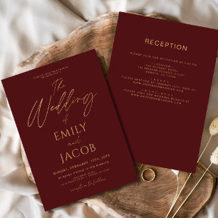 Invitation All in One Burgundy Gold Mariage Élégant Script