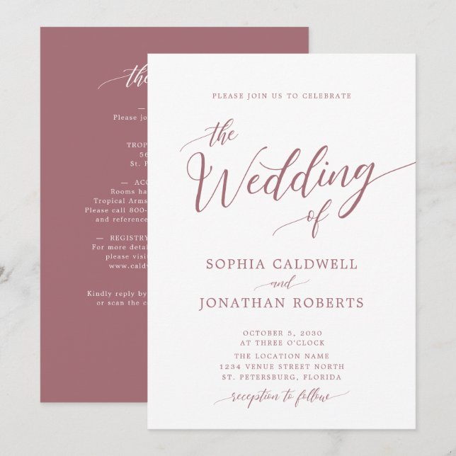 Invitation All in One Calligraphy Mariage Rose Dusty tendance (Devant / Derrière)