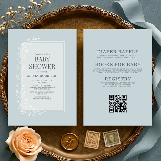 Invitation All in One Dusty Blue Botanical Floral Baby Shower (Créateur téléchargé)