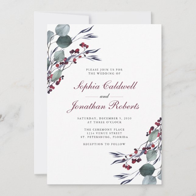 Invitation All in One Eucalyptus Holly Berries Mariage d'hive (Devant)