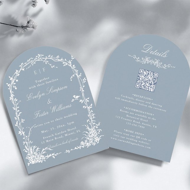 Invitation All in One Floral Arch Garden Wedding Dusty Blue (Front & Back)