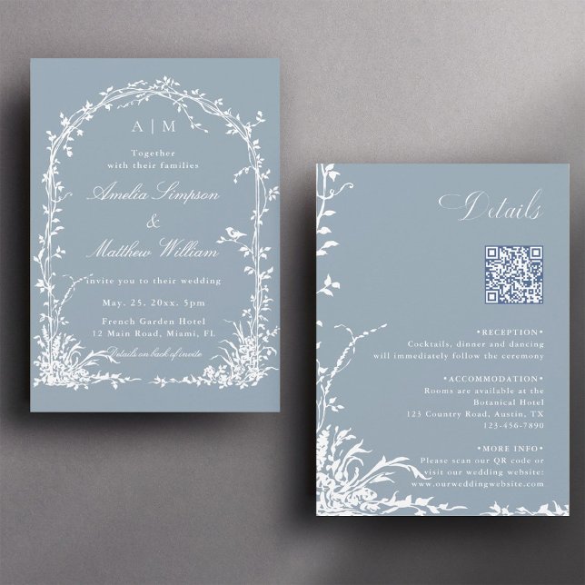 Invitation All in One Floral Garden Wedding Arch Dusty Blue  (Front & Back)