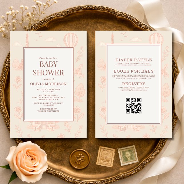 Invitation All in One Paris French Toile QR Code Baby Shower (Créateur téléchargé)