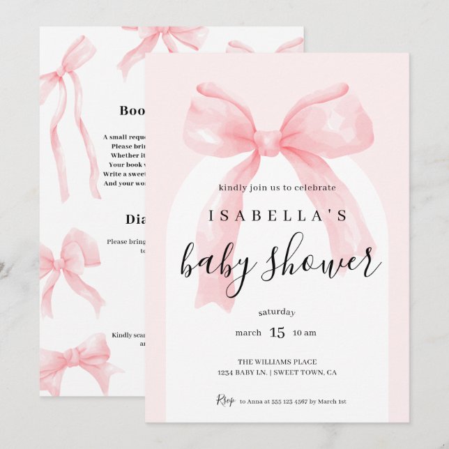 Invitation All In One Pink Bow Baby Shower (Devant / Derrière)