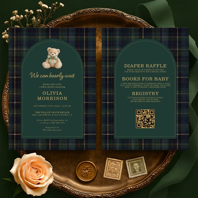 Invitation All in One Plaid Bearly Wait Green Baby Shower (Créateur téléchargé)