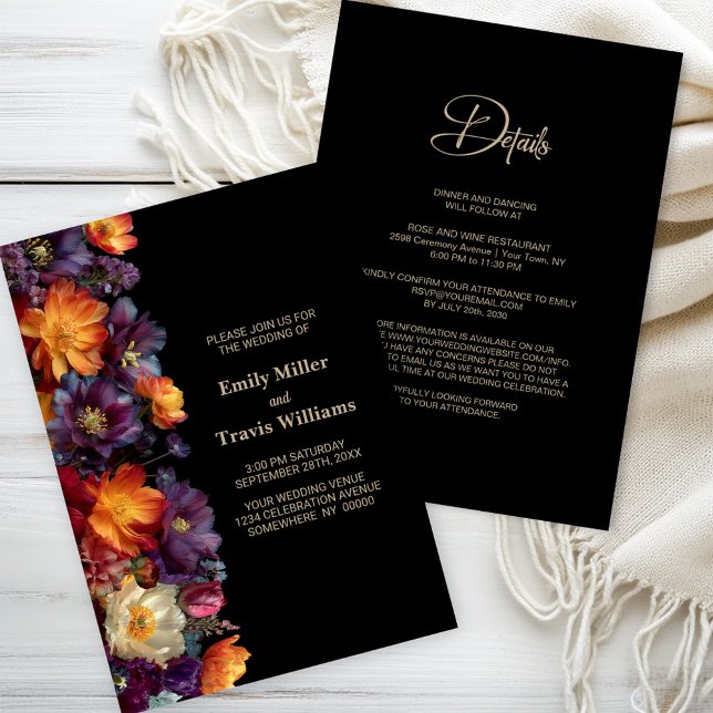 Invitation All in One Purple and Orange Floral Black Wedding (Créateur téléchargé)