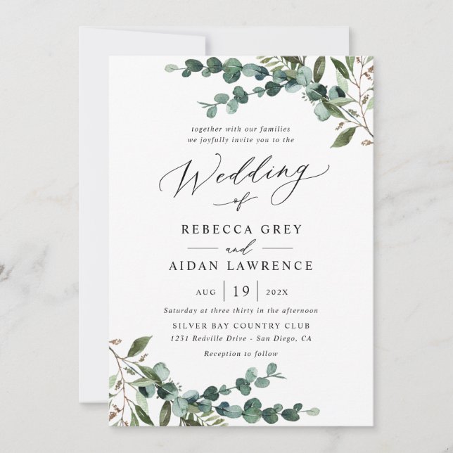 Invitation All-In-One Rustic Watercolor Greenery QR Wedding (Devant)