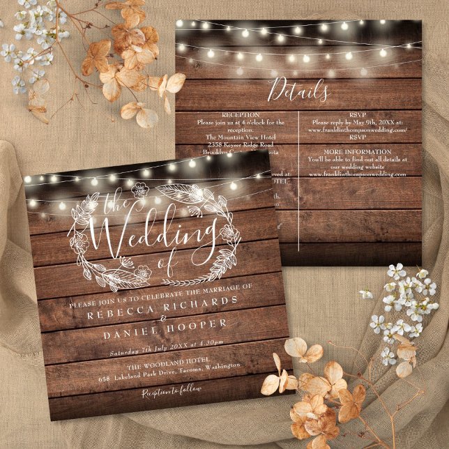 Invitation All In One Rustic Wood String Light Square Wedding (All In One Rustic Wood String Light Square Wedding Invitation)