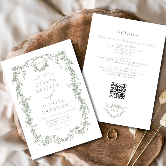 Invitation All In One Victorian Sage Green QR Code Mariage (Créateur téléchargé)