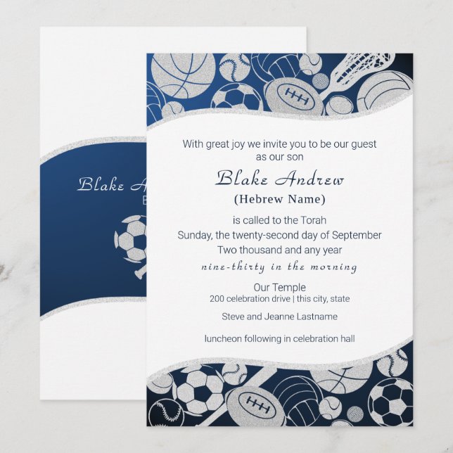 Invitation All Sports Bar Mitzvah Silver Blue (Devant / Derrière)