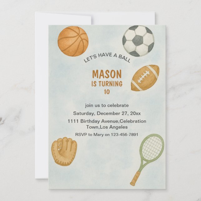 Invitation All Sports Let's Have a Ball Modern Boy Birthday  (Devant)