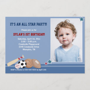 Invitation All Stars Sports *PHOTO* Anniversaire 5x7