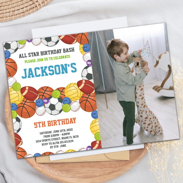 Invitation All Stars White Sports Party Anniversaire avec pho (All Stars White Sports Party Birthday with photo Invitation)