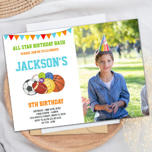 Invitation All Stars White Sports Party Anniversaire avec pho