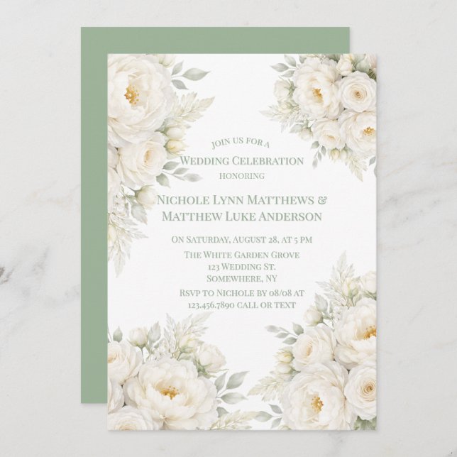 Invitation All White Floral Wedding Celebration (Devant / Derrière)