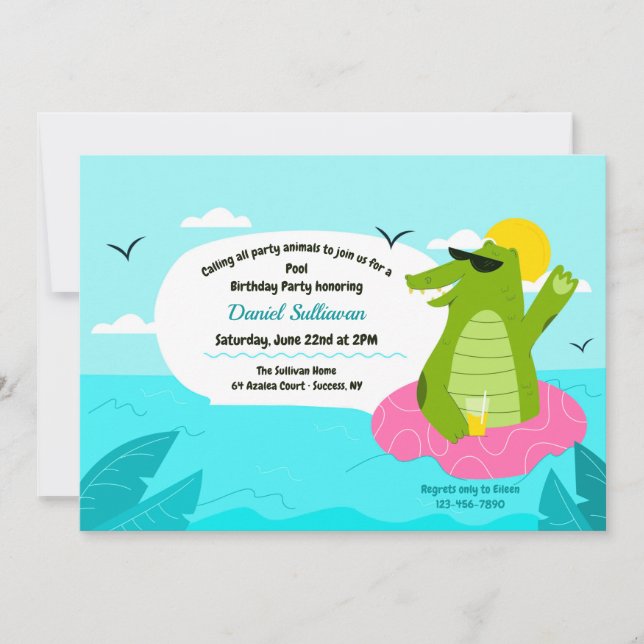 Invitation Alligator de natation Fête d'anniversaire (Devant)