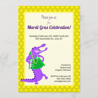 Invitation Alligator violet Mardi Gras