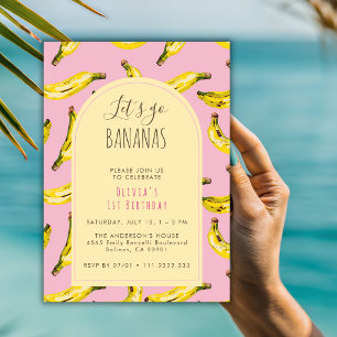 Invitation Allons Bananes Rose Jaune Fête d'anniversaire 1ère