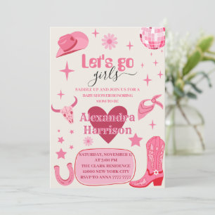 Invitation Allons-y Fille Fête prénatale disco rose Cowgirl R