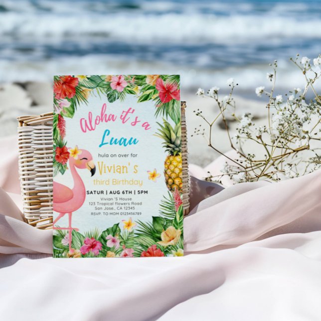 Invitation Aloha 3ème anniversaire fille - Flamant rose et fê (Créateur téléchargé)