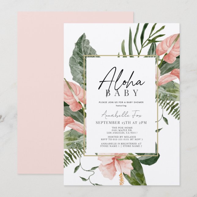 Invitation Aloha Baby rose Tropical Floral Baby Douche (Devant / Derrière)