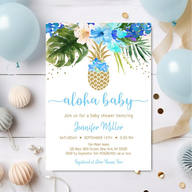 Invitation Aloha Baby shower d'ananas bleu or floral (Créateur téléchargé)