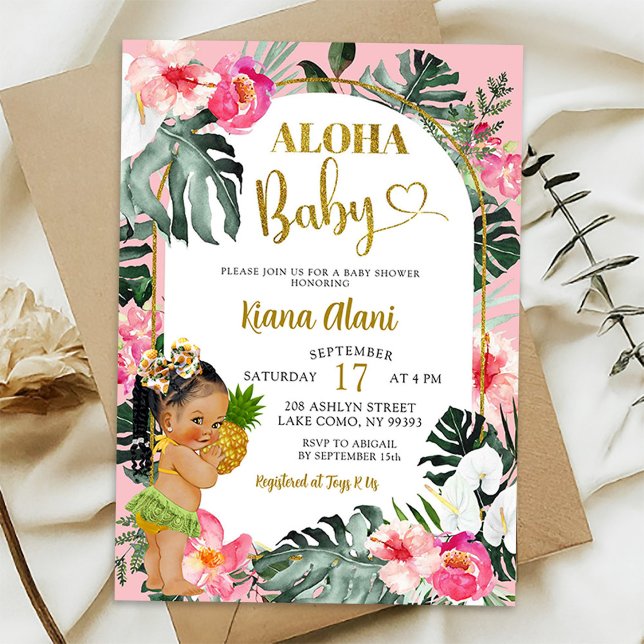 Invitation Aloha Baby shower rose Tropical Floral (Créateur téléchargé)