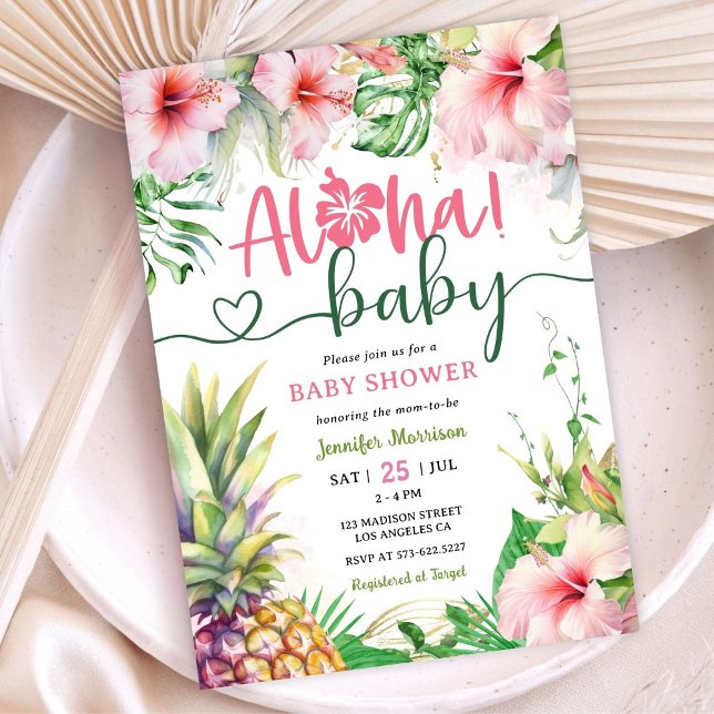Invitation Aloha ! Baby shower tropical Luau fille rose (Créateur téléchargé)