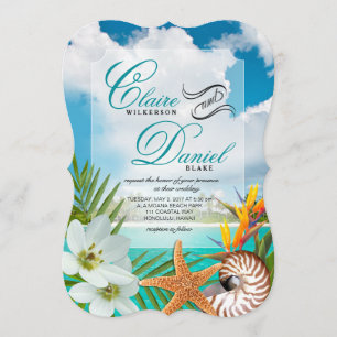 Invitation Aloha Beach Wedding Plumeria Frangipani Nautilus