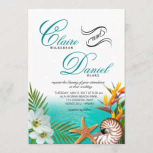 Invitation Aloha Beach Wedding Plumeria Frangipani Nautilus