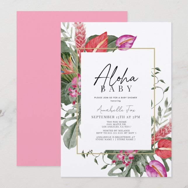 Invitation Aloha Bébé rose et rouge Tropical Floral Douche bé (Devant / Derrière)