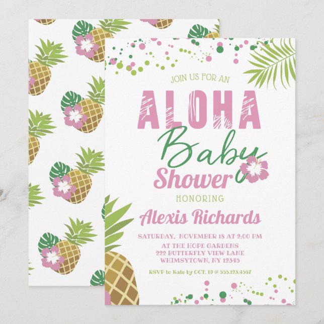 Invitation Aloha Bébé rose et vert Baby shower tropical fille (Devant / Derrière)