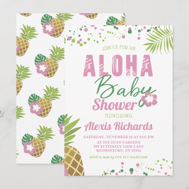 Invitation Aloha Bébé rose et vert Baby shower tropical fille (Devant / Derrière)