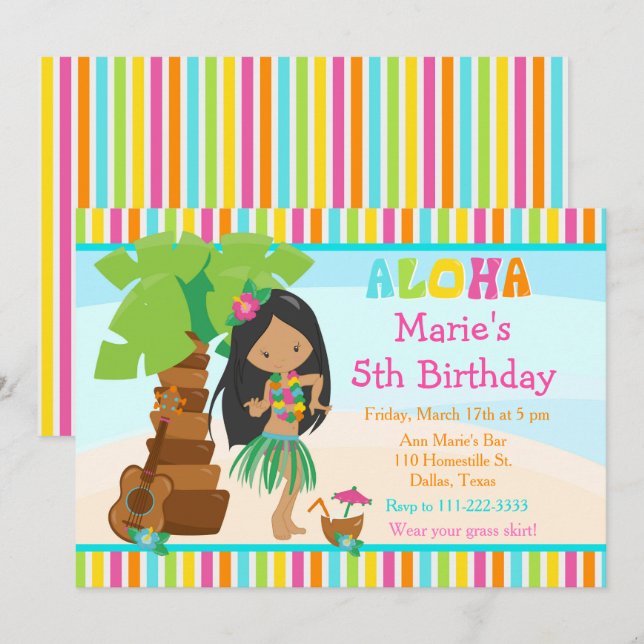 Invitation Aloha Cute African American Girl Birthday Party (Devant / Derrière)