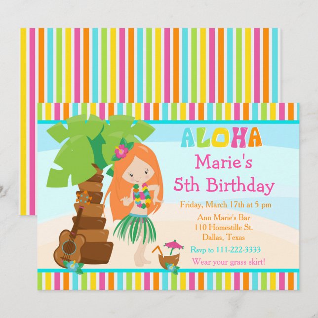Invitation Aloha Cute Red Hair Girl Anniversaire (Devant / Derrière)