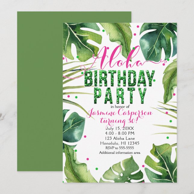Invitation ALOHA FÊTE D'ANNIVERSAIRE Feuilles tropicaux Rose  (Devant / Derrière)
