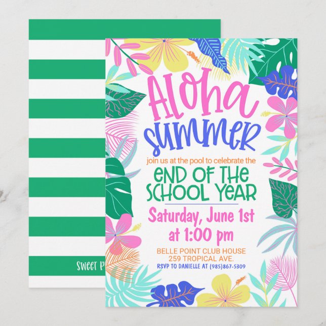 Invitation Aloha Fin d'été de l'année scolaire Fête (Devant / Derrière)