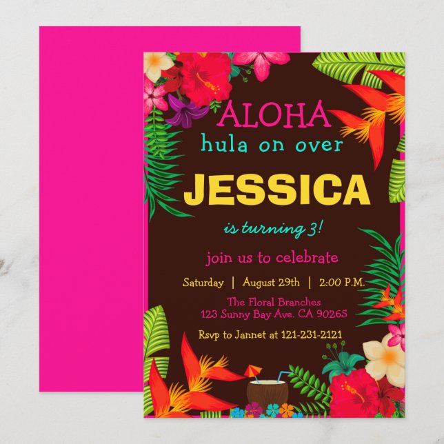Invitation Aloha Hawaii Fleurs tropicales Hibiscus Anniversai (Devant / Derrière)