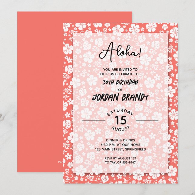 Invitation Aloha Hawaii Floral Coral fête d'anniversaire (Devant / Derrière)