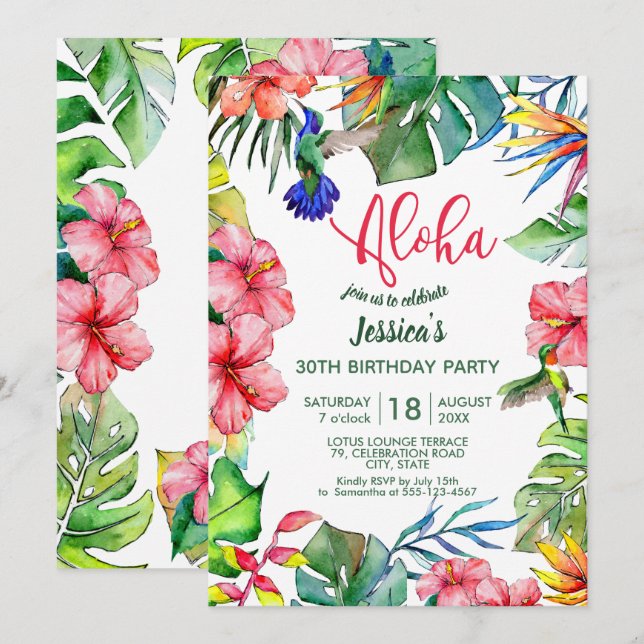 Invitation Aloha Hawaiian Fleurs tropicales Anniversaire (Devant / Derrière)