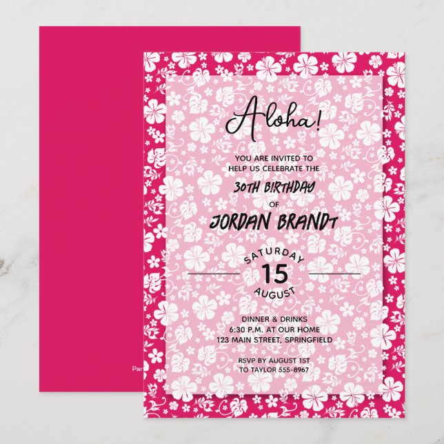 Invitation Aloha Hawaiian Floral Hot rose fête d'anniversaire (Devant / Derrière)