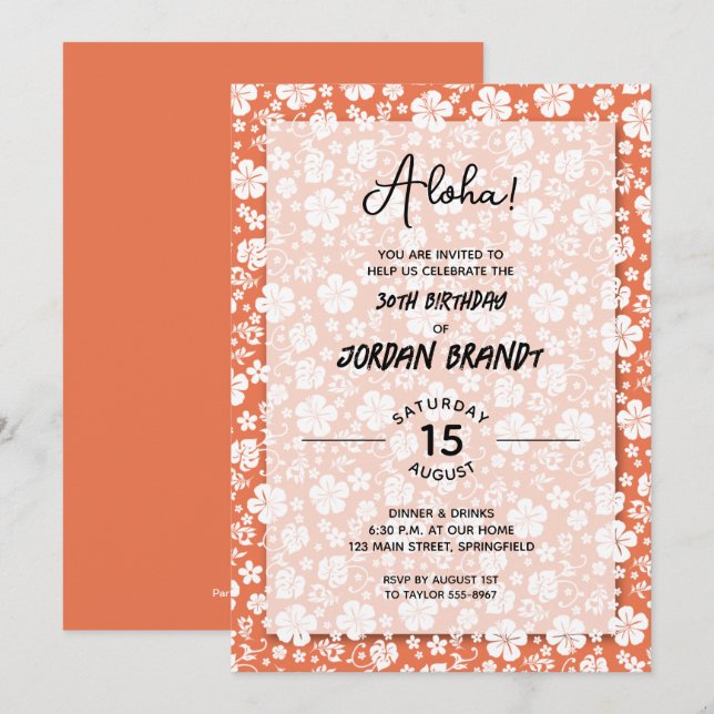 Invitation Aloha Hawaiian Floral Peach Anniversaire (Devant / Derrière)