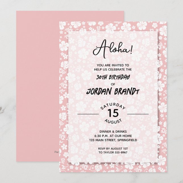 Invitation Aloha Hawaiian Floral rose fête d'anniversaire (Devant / Derrière)