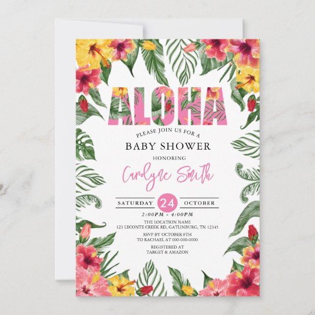 Invitation Aloha Hawaiian Girl Baby shower tropical (Devant)