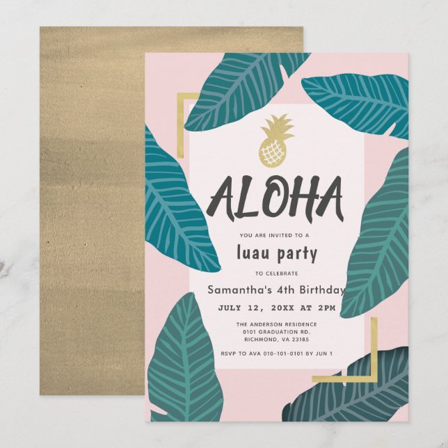 Invitation Aloha Hawaiian Luau Anniversaire rose pâle (Devant / Derrière)