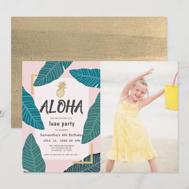 Invitation Aloha Hawaiian Luau Anniversaire rose Photo (Devant / Derrière)
