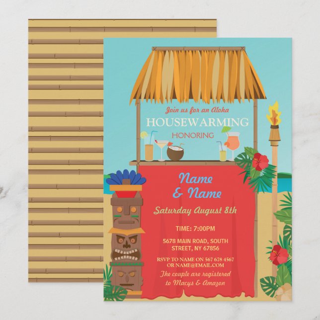 Invitation Aloha Houseclimate Tiki Nouvelle maison Luau Invit (Devant / Derrière)
