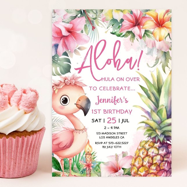 Invitation Aloha ! Luau 1er anniversaire Pink Tropical Hawaii (Créateur téléchargé)